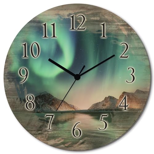 ARTLAND Wanduhr ohne Tickgeräusche aus Holz Funkuhr lautlos rund Ø 30 cm Auroraborialis - Nördliches Polarlicht T9SZ Landschaften Bilder von Europa von ARTLAND