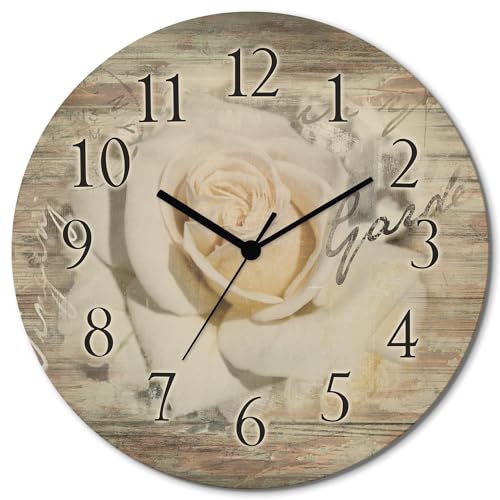 ARTLAND Wanduhr ohne Tickgeräusche aus Holz Funkuhr lautlos rund Ø 30 cm In Buchstaben - Rose T5GJ Blumen Pflanzen von ARTLAND