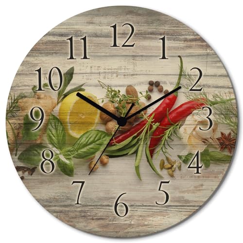 ARTLAND Wanddeko Wanduhr Holz Funkuhr ohne Tickgeräusche lautlos rund Ø 30 cm Küchenuhr Kräuter Gewürze U1RK von ARTLAND
