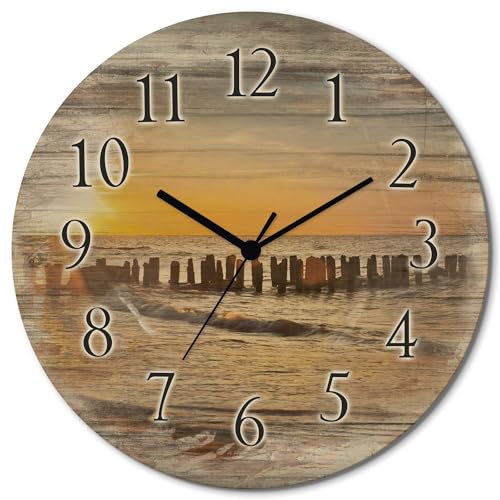 ARTLAND Wanduhr ohne Tickgeräusche aus Holz Funkuhr lautlos rund Ø 30 cm Schöner Sonnenuntergang am Strand T3ZU Landschaften Strandbilder von ARTLAND