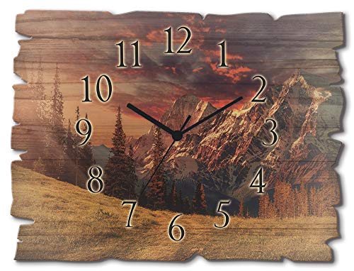 ARTLAND Wanduhr ohne Tickgeräusche aus Holz Quarz Uhr lautlos 40x30 cm Rechteckig Alpen Landschaft Berge Wald Natur Wolken U1RI von ARTLAND