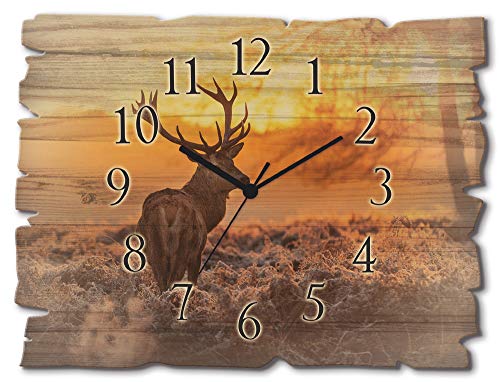 ARTLAND Wanduhr ohne Tickgeräusche aus Holz Quarz Uhr lautlos 40x30 cm Rechteckig Landschaft Hirsch Tiere Wald Hirschgeweih D3JI von ARTLAND