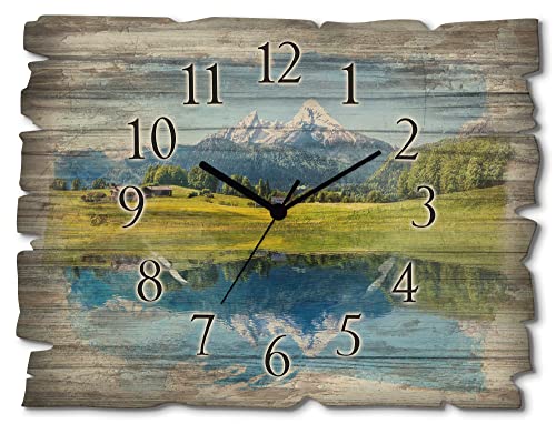 ARTLAND Wanddeko Wanduhr ohne Tickgeräusche aus Holz Quarz Uhr lautlos Rechteckig 40x30 cm Landschaften Natur See Berge Watzmann Alpen Rustikal Vintage T9QB von ARTLAND
