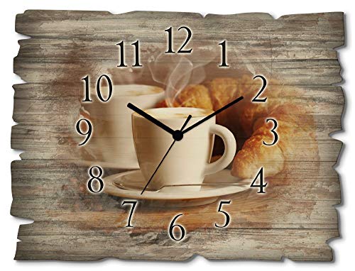 ARTLAND Wanddeko Wanduhr ohne Tickgeräusche aus Holz Quarzuhr 40x30 cm Rechteckig Lautlos Kaffee Cappuccino Croissant Coffee Cafe Originell T5XO von ARTLAND