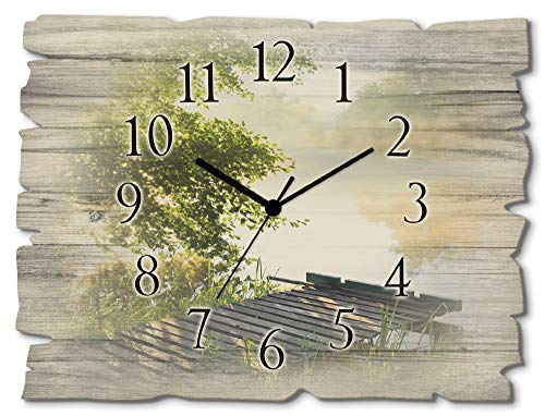 ARTLAND Wanduhr ohne Tickgeräusche aus Holz Quarzuhr 40x30 cm Rechteckig Lautlos Natur Landschaft See Wald Ländlich Originell T0WD von ARTLAND