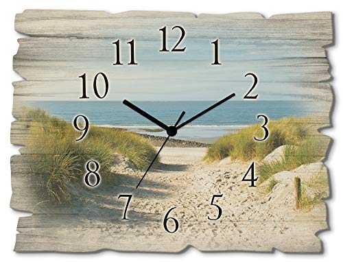 ARTLAND Wanduhr ohne Tickgeräusche aus Holz Quarzuhr 40x30 cm Rechteckig Lautlos Strand Meer Düne Nordsee Landschaft Maritim T9EX von ARTLAND