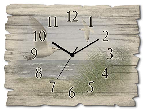 ARTLAND Wanduhr ohne Tickgeräusche aus Holz Quarzuhr 40x30 cm Rechteckig Lautlos Strand Meer Nordseestrand Möwe Nordsee Maritim J5QH von ARTLAND