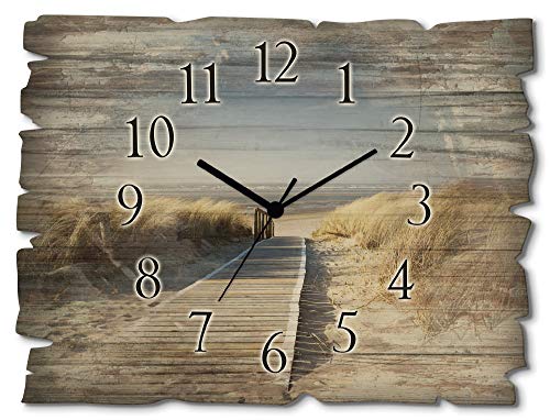 ARTLAND Wanddeko Wanduhr ohne Tickgeräusche aus Holz Quarzuhr 40x30 cm Rechteckig Lautlos Strand Meer Nordseestrand Nordsee Maritim T5RM von ARTLAND