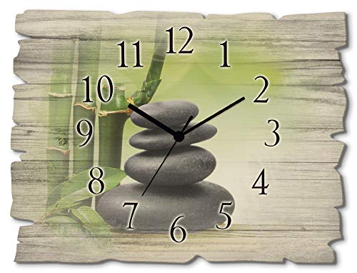 ARTLAND Wanddeko Wanduhr ohne Tickgeräusche aus Holz Quarzuhr 40x30 cm Rechteckig Lautlos Zen Spa Steine Bambus Asiatisch Originell T5OP von ARTLAND