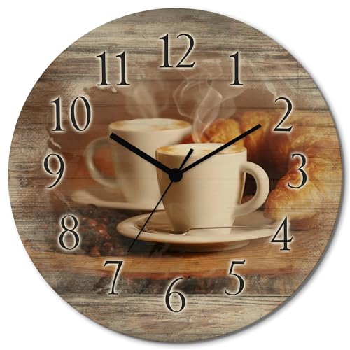 ARTLAND Wanduhr Holz Quarzuhr ohne Tickgeräusche lautlos rund Ø 30 cm Küchenuhr Kaffee Cappuccino Croissant T5XO von ARTLAND