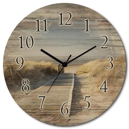 ARTLAND Wanduhr ohne Tickgeräusche aus Holz Quarzuhr lautlos rund Ø 30 cm Nordseestrand auf Langeoog - Steg T5RM Landschaften Strandbilder von ARTLAND