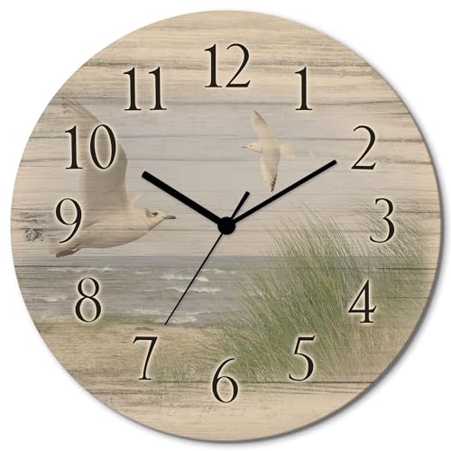 ARTLAND Wanduhr ohne Tickgeräusche aus Holz Quarzuhr lautlos rund Ø 30 cm Nordseestrand mit Möwen J5QH Landschaften Strandbilder von ARTLAND