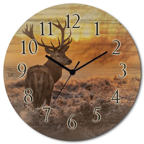 ARTLAND Wanddeko Wanduhr ohne Tickgeräusche aus Holz Quarzuhr lautlos rund Ø 30 cm Rotwild D3JI Tiere Hirschbilder von ARTLAND