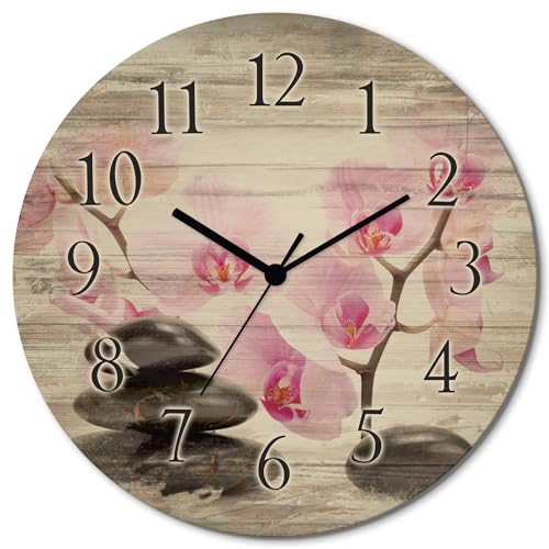 ARTLAND Wanduhr ohne Tickgeräusche aus Holz Quarzuhr lautlos rund Ø 30 cm Schwarze Steine und Pinke Orchidee T6BI Wellness Zen Bilder Stein von ARTLAND