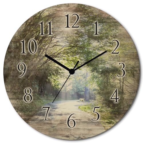 ARTLAND Wanduhr ohne Tickgeräusche aus Holz Quarzuhr lautlos rund Ø 30 cm Sonniger Wald U1TD Blumen Pflanzen Baumbilder von ARTLAND