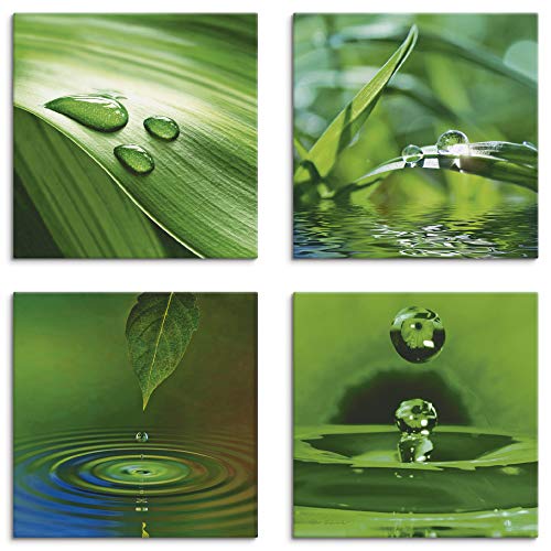 ARTLAND Wellness Bilder Leinwandbilder Set 4tlg. je 30x30 cm Quadratisch Wandbilder Zen Pflanze Gras Wassertropfen K2IQ von ARTLAND