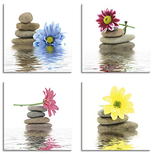 ARTLAND Wellness Bilder Leinwandbilder Set 4tlg. je 30x30 cm Quadratisch Wandbilder Zen Steine Blumen Entspannung K2TP von ARTLAND