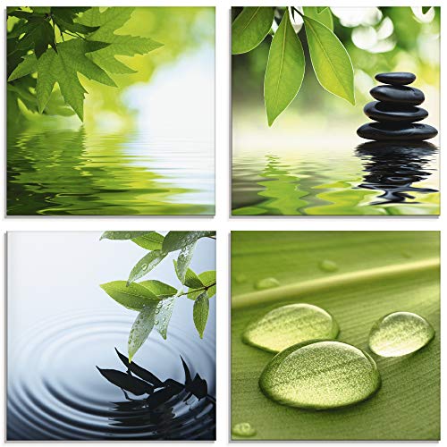 ARTland Glasbild Wandbild Glas Bild 4er Set 4 teilig je 30x30 cm Wellness Entspannung Zen Wasser Grün Blätter Stein Pyramide S6PI von ARTLAND