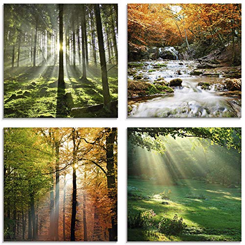ARTland Wanddeko Glasbilder Wandbild Glas Bild 4er Set 4 teilig je 40x40 cm Natur Landschaft Wald Baum Grün Gras Wasserfall Herbst Sonne S6MK von ARTLAND
