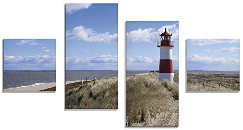 ARTland Glasbilder Wandbild Glas Bild Set 4 teilig 120x70 cm Querformat Strand Meer Nordsee Leuchtturm Sylt Dünen Gräser Wolken Sommer Urlaub T9ML von ARTLAND