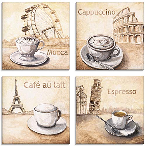 ARTland Glasbilder Wandbild Glas Bild Set 4 teilig je 20x20 cm Quadratisch Kaffee Cafe Coffee Cappuccino Italien Frankreich Pisa Paris S6MM von ARTLAND