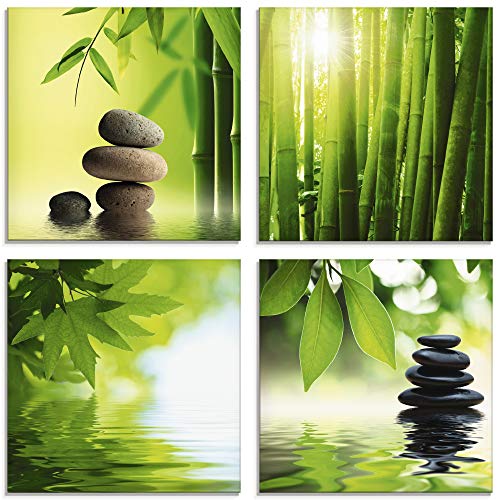 ARTland Glasbilder Wandbild Glas Bild Set 4 teilig je 30x30 cm Quadratisch Asien Wellness Zen Spa Steine Bambus Steinpyramide Entspannung S6BJ von ARTLAND