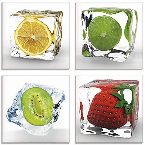 ARTland Wanddeko Glasbilder Wandbild Glas Bild Set 4 teilig je 40x40 cm Quadratisch Früchte im Eiswürfel Obst Frucht Zitrone Limette Kiwi Erdbeere S6MF von ARTLAND