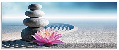 ARTland Glasbilder Wandbild Glas Bild einteilig 125x50 cm Querformat Asien Wellness Zen Steine Sand Blumen Lotusblume Spa Entspannung Blau S5XU von ARTLAND