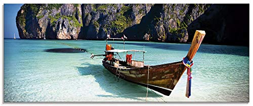 ARTland Glasbilder Wandbild Glas Bild einteilig 125x50 cm Querformat Strand Meer Südsee Boot Thailand Maya Bay KOH Phi Phi Felsen Natur T5VI von ARTLAND