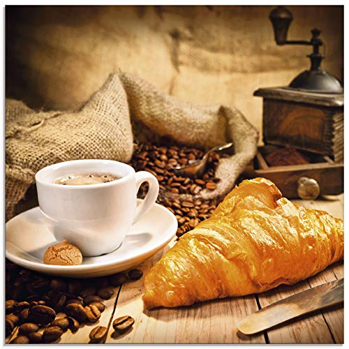 ARTland Wanddeko Glasbilder Wandbild Glas Bild einteilig Quadratisch Kaffee Coffee Cafe Kaffeetasse Kaffeebohnen Croissant Frühstück Rösterei S6BT von ARTLAND