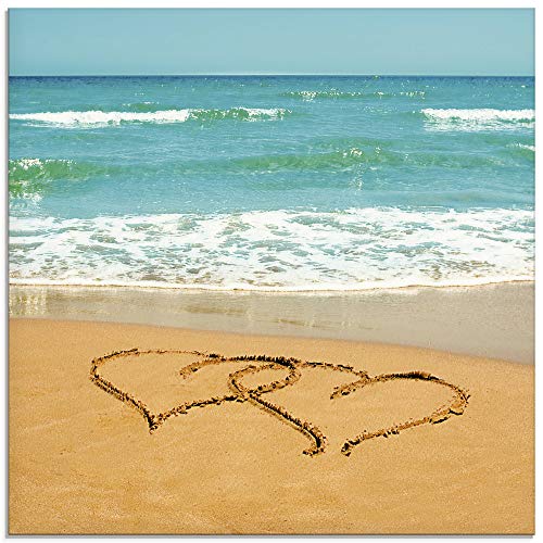 ARTland Glasbilder Wandbild Glas Bild einteilig 20x20 cm Quadratisch Strand Meer Küste Urlaub Liebe Paar Natur Landschaft Herzen Sand T5OB von ARTLAND