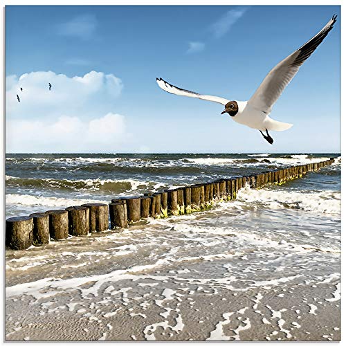 ARTland Glasbilder Wandbild Glas Bild einteilig 20x20 cm Quadratisch Strand Möwen Meer Wellen Küste Ostsee Sommer Urlaub Natur Landschaft T5QR von ARTLAND