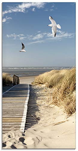 ARTland Glasbilder Wandbild Glas Bild einteilig 30x60 cm Hochformat Strand Meer Nordsee Küste Möwen Himmel Steg Natur Landschaft Dünen T9NJ von ARTLAND