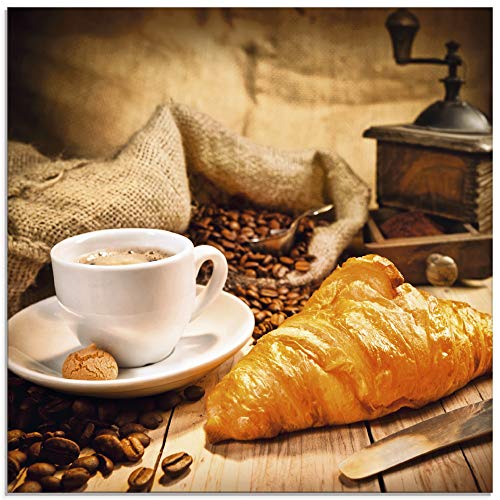 ARTland Glasbilder Wandbild Glas Bild einteilig 40x40 cm Quadratisch Kaffee Coffee Cafe Kaffeetasse Kaffeebohnen Croissant Frühstück Rösterei S6BT von ARTLAND