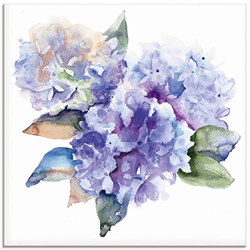 ARTland Glasbilder Wandbild Glas Bild einteilig 40x40 cm Quadratisch Natur Blumen Blüten Hortensien Aquarell Gemälde Landhaus T1DS von ARTLAND