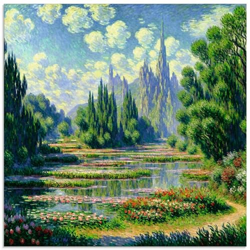 ARTland Glasbilder Wandbild Glas Bild einteilig 50x50 cm Quadratisch Landschaften Idyll Teich Seerose Blumen Bäume Van Gogh KI Kunst U4YI von ARTLAND