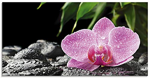 ARTland Glasbilder Wandbild Glas Bild einteilig 60x30 cm Querformat Natur Asien Botanik Blumen Orchidee Steine Zen Entspannung Pink T5OQ von ARTLAND