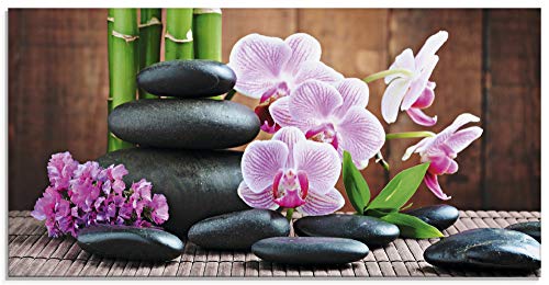 ARTland Glasbilder Wandbild Glas Bild einteilig 60x30 cm Querformat Natur Asien Wellness Zen Steine Blumen Blüten Orchideen Bambus Pink T5OO von ARTLAND