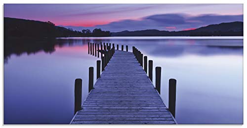 ARTland Glasbilder Wandbild Glas Bild einteilig 60x30 cm Querformat Panorama See Landschaft Natur Wald Steg Sonnenuntergang Lila U1UF von ARTLAND