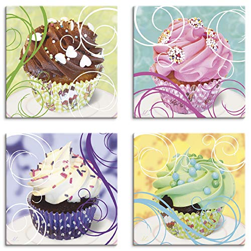 ARTLAND Küchenbilder Leinwandbilder Set 4 teilig je 20x20 cm Quadratisch Wandbilder Cupcakes A6QC von ARTLAND