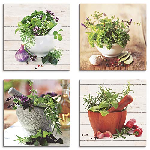 ARTland Wanddeko Küchenbilder Leinwand Bilder Set 4 teilig je 30x30 cm Quadratisch Wanbilder Stillleben Kräuter Gewürze S6IJ von ARTLAND