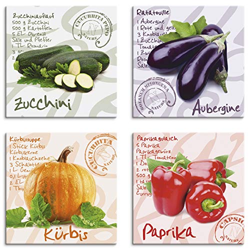 ARTLAND Küchenbilder Leinwandbilder Set 4 teilig je 30x30 cm Quadratisch Wandbilder Gemüse Rezepte Zucchini Aubergine Kürbis Paprika S6PG von ARTLAND