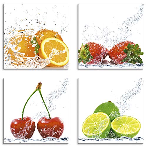 ARTLAND Küchenbilder Leinwandbilder Set 4 teilig je 30x30 cm Quadratisch Wandbilder Obst Früchte mit Spritzwasser S6MJ von ARTLAND