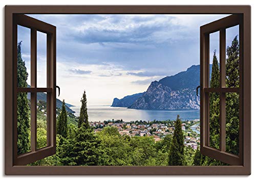 ARTland Leinwandbilder Wandbild Bild Leinwand 100x70 cm Querformat Fensterblick Gardasee Landschaft See Natur Berge Italien U1TU von ARTLAND