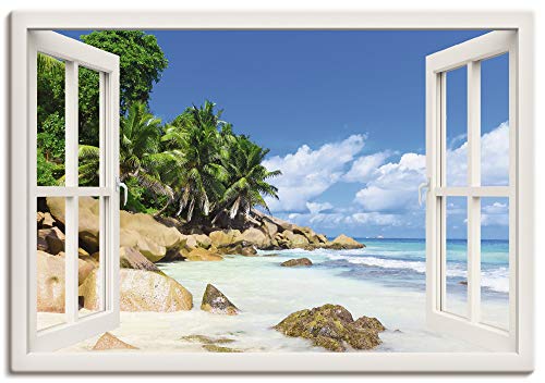 ARTland Leinwandbilder Wandbild Bild Leinwand 130x90 cm Querformat Fensterblick Strand Karibik Meer Palmen Südsee Natur U1UC von ARTLAND