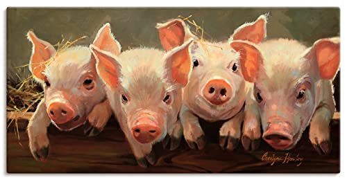 ARTland Leinwandbilder Wandbild Bild auf Leinwand 100 x 50 cm Wanddeko Tiere Haustiere Schwein Malerei Pink Rosa Das große Grunzen T1SC von ARTLAND