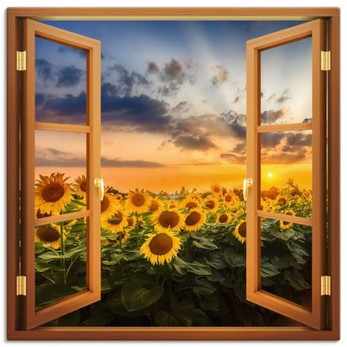 ARTland Leinwandbilder Wandbild Bild auf Leinwand 100x100 cm Wanddeko Fensterbilder Fenster Pflanzen Blumen Sonnenblume Sonnenuntergang U5CA von ARTLAND