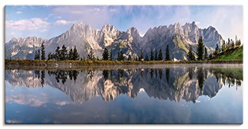 ARTland Leinwandbilder Wandbild Bild auf Leinwand 100x50 cm Wanddeko Landschaft Berge Alpen Bäume See Spiegel Wilder Kaiser Tirol U3VB von ARTLAND