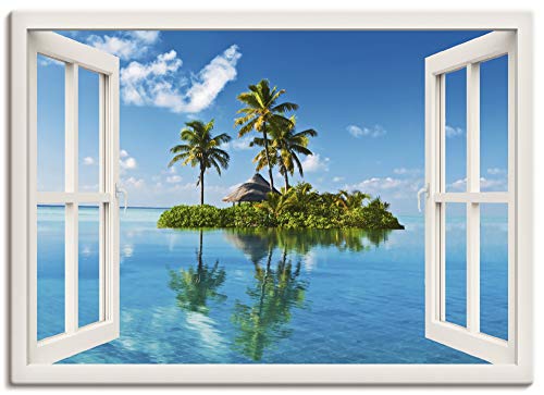 ARTland Leinwandbilder Wandbild Bild auf Leinwand 100x70 cm Fensterblick Fenster Meer Insel Palmen Karibik Urlaub T5MZ von ARTLAND