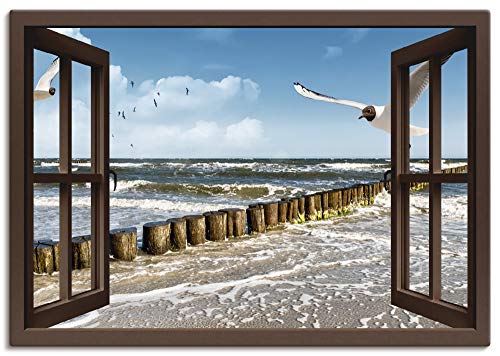 ARTland Leinwandbilder Wandbild Bild auf Leinwand 100x70 cm Fensterblick Fenster Ostsee Möwen Strand Meer Küste Maritim T5QS von ARTLAND